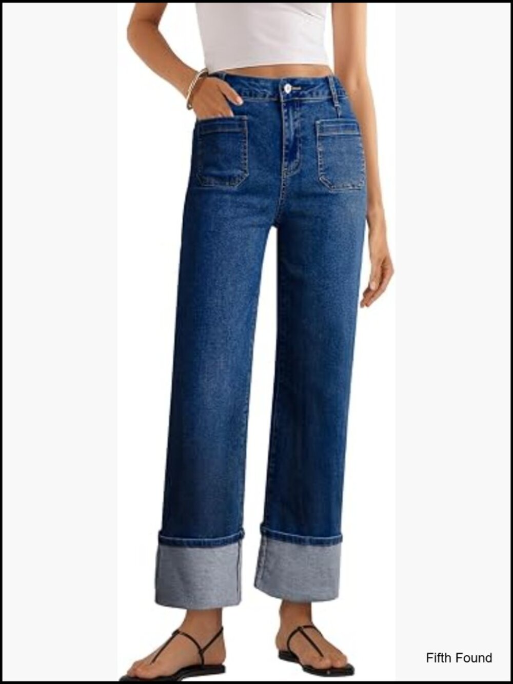 High Waisted Wide Leg Jeans Cuffed Stretchy Denim Casual